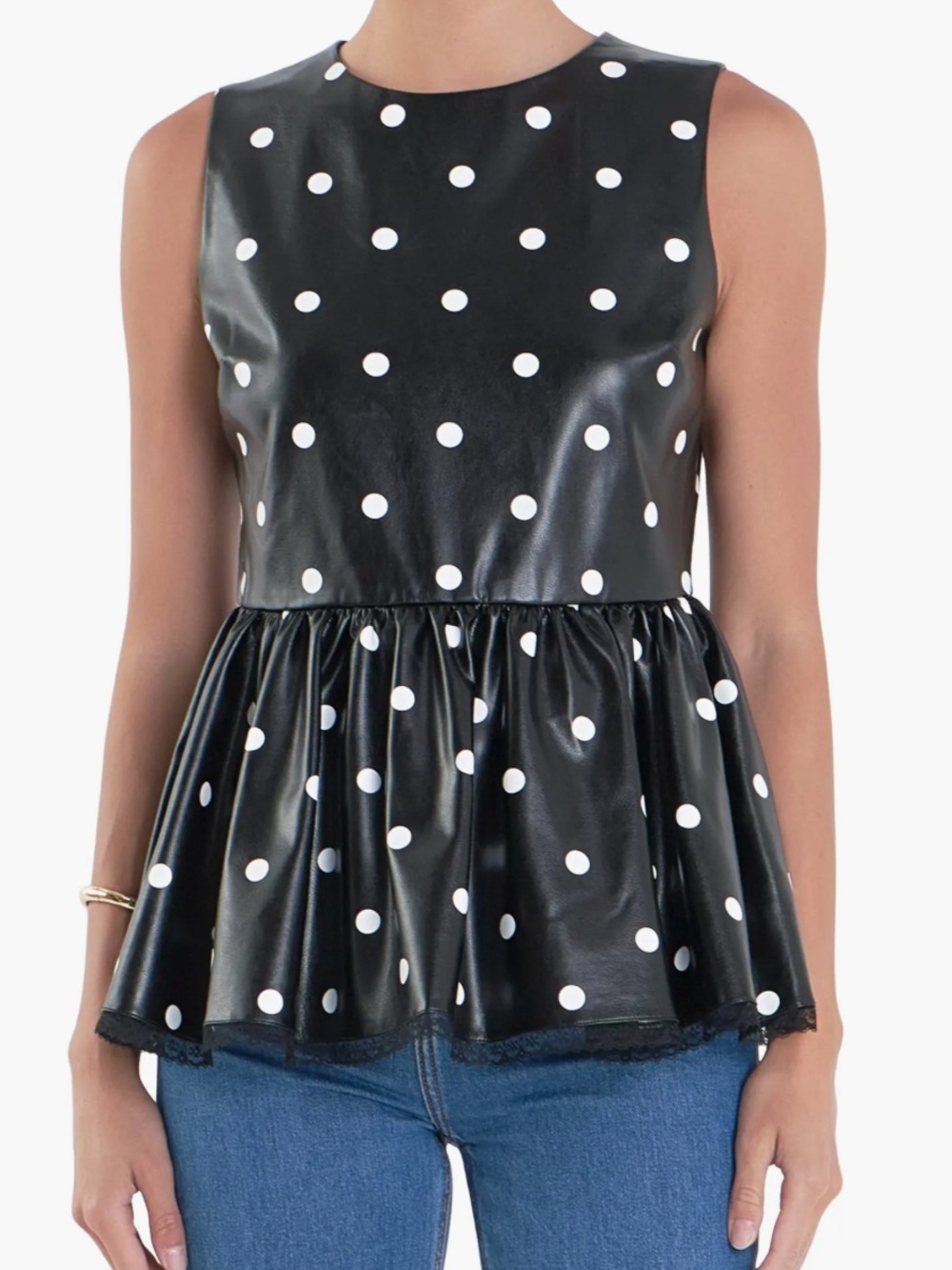 Polka Dot Peplum Sleeveless Faux Leather Top size XS NWT